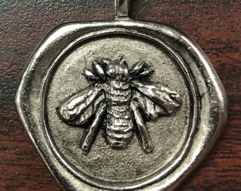 Honey Bee or Mason Wax Seal Bezel Pendant, 40mm, Antique Silver, Made in USA, Bee Seal, each