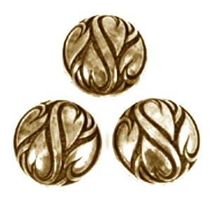 May include: Three round, brown, decorative ornaments with a swirling, heart-shaped design.