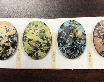 Vintage 1960s Pastel Abstract Art Litho Print Cabochon, 40x30mm Oval, Vintage German, Pink Blue Green Yellow, Set of 4