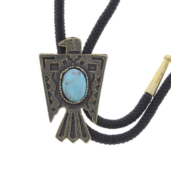 Thunderbird Phoenix Bolo Tie with Turquoise  stone, antique gold, gold tips, Black cord  56mm, Made in USA, Each