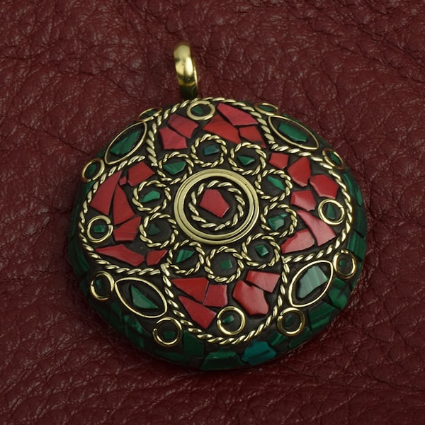 Mosaic pendant 45mm set in a brass setting, red green mosaics, each