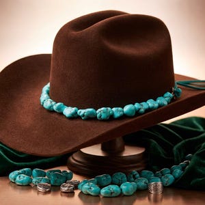 May include: A dark brown felt cowboy hat featuring a band made of irregular, bright turquoise stones. The hat is accented with a turquoise cord that ends in two small tassels on the side. Several turquoise stone bracelets and silver rings are visible.