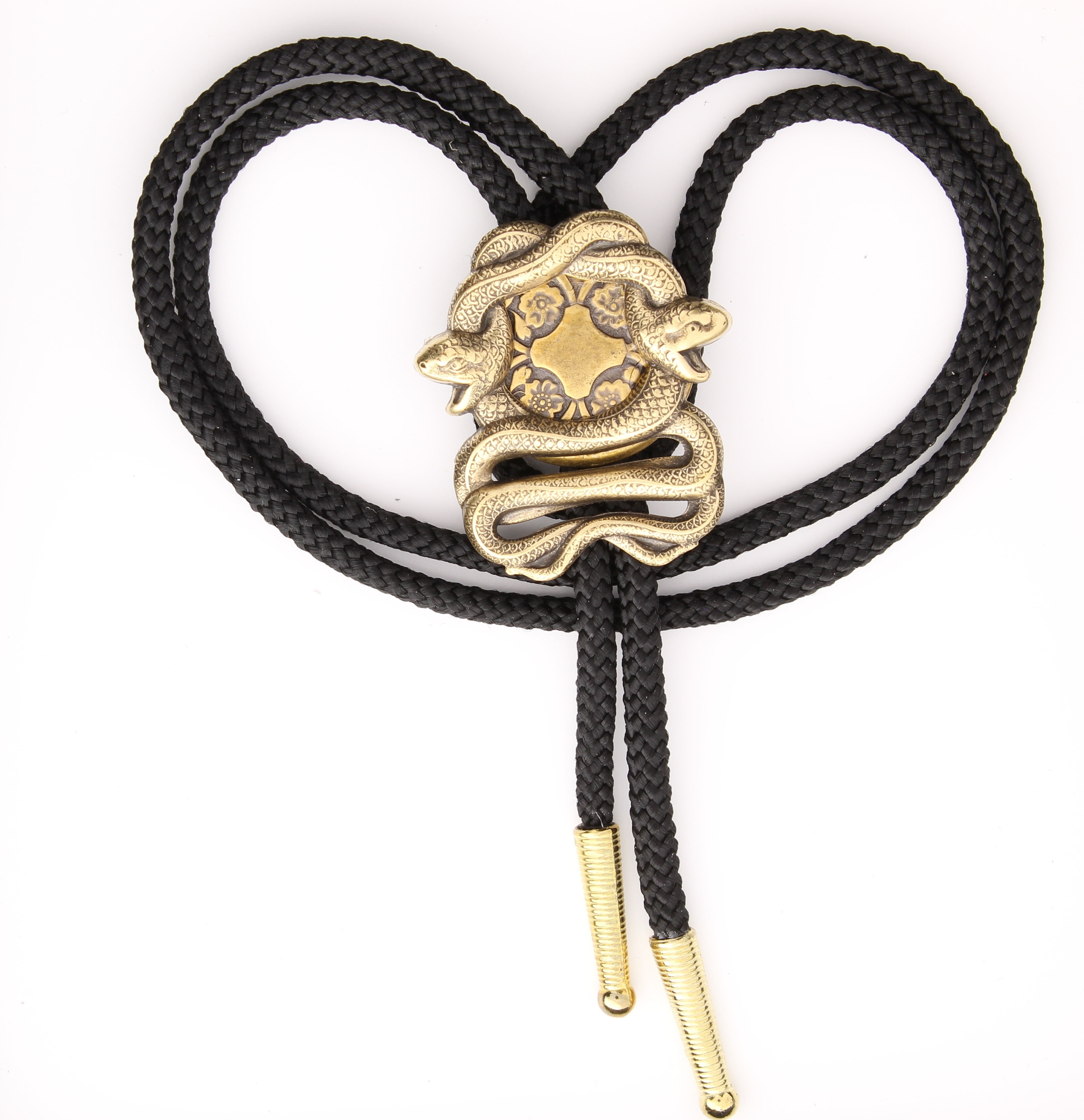 Snakes Bolo Tie, antique gold bolo, Made in USA, 1.2