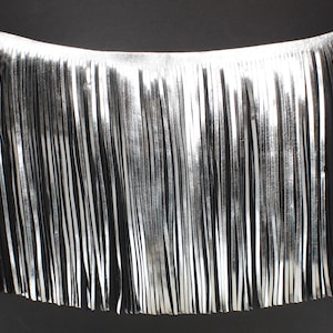 May include: Silver and black fringe trim. The fringe is made of thin strips of leather.