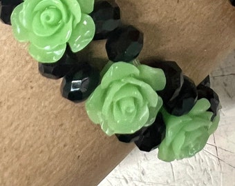 3D Roses Black-armband, dubbele kralenstreng met kristalkralen, kies elk zwart, rood of regenboogmultikleur