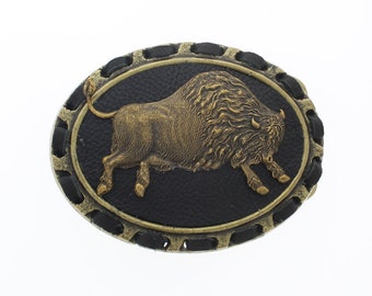 Buffalo or Bison Buckle, antique gold, custom made in USA, 4" long 3" tall , fits 1.5" belt, Each