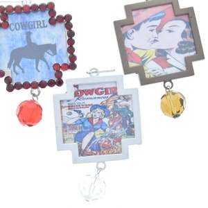 Vintage Cowgirl Art hanger met kristallen kruisframe, 48 mm x 48 mm zilveren rechthoek, verpakking van 3