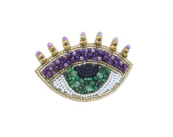 42mm x 59mm Green & Purple Evil Eye Beaded Pin – Handmade Embroidered Brooch, each