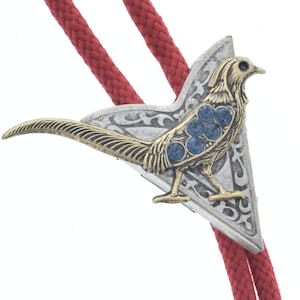 Bolo Tie, Road Runner Bird with turquoise stones, Antique Gold & Silver, 36&quot; cord in black, red, turquoise or olive green, made in USA, Each