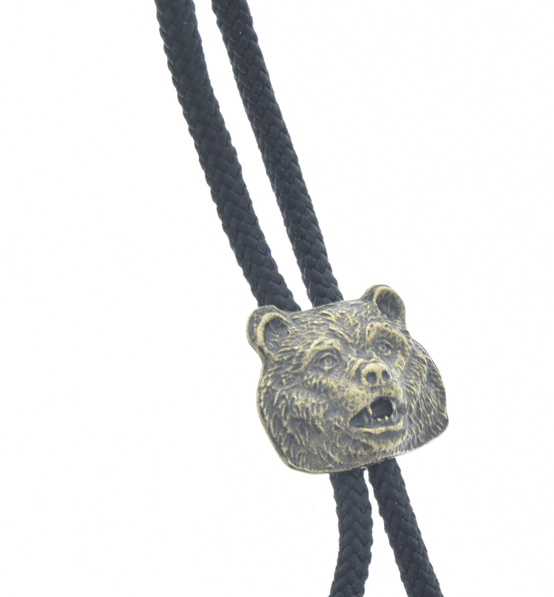 Western Bolo Tie Big Grizzly Kodiac Bear Head antique gold on 36 cord with matching tips Black or Olive Green Cord Made in USA Each
