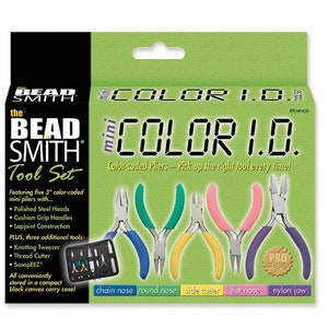 BeadSmith Mini Color Tool Set, Pliers, Cutters, Tweezer, File, with carrying case, 9 piece set