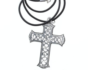 Filigree Cross Necklace, Large 52mm, 18" black leather cord, Antique Silver, Each
