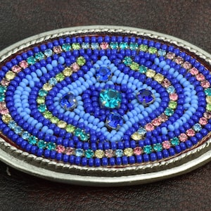 Santa Fe Blue Mosaic Buckle with black or brown leather belt, HandMade in USA, each