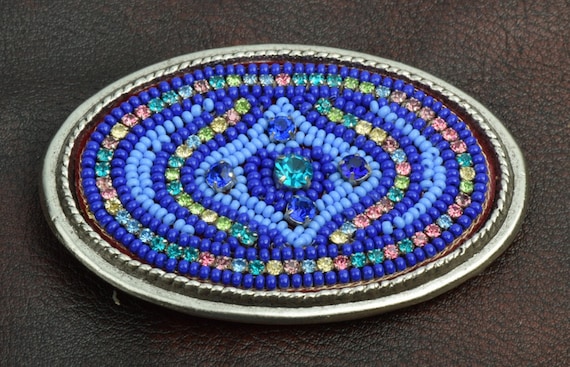 Santa Fe Blue Mosaic Buckle with black or brown leather belt, HandMade in  USA, each
