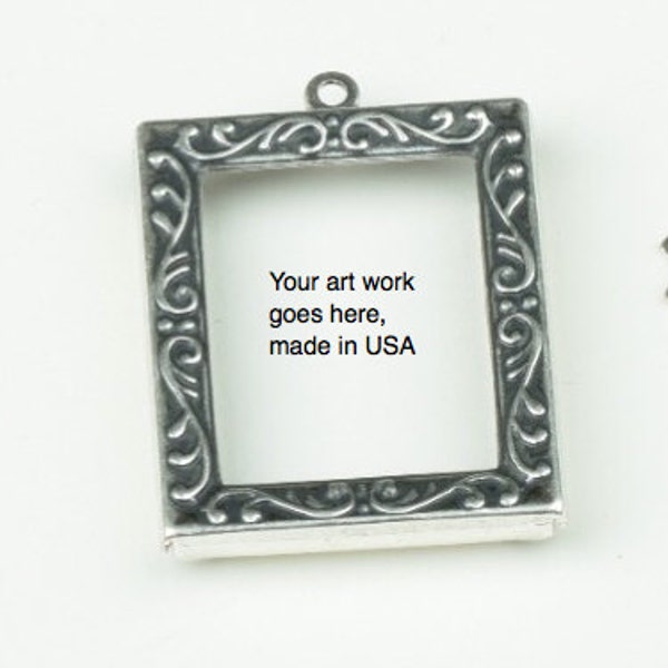 Frame pendant for adding art work, photos or other media , Antique Silver, pack of 2