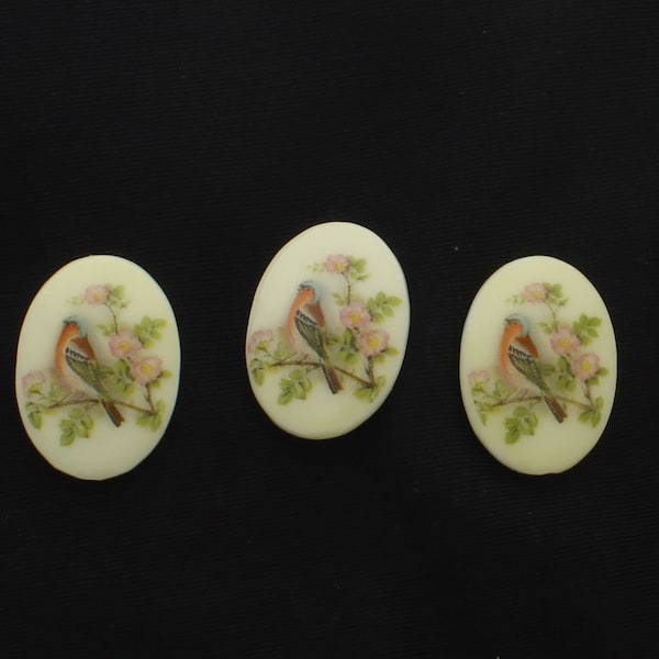 Vintage 25mm Vintage Bird Cameo Cabochon, German litho flat back, 3 each OE-171/3