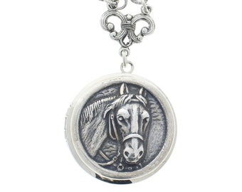 Horse Locket Necklace, antique silver or antique gold, Hand made in USA, 16" or 18" chain, 1.25" diameter, each