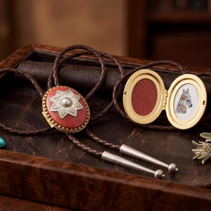 May include: A bolo tie featuring a braided dark brown leather cord with silver-toned metal tips. The centerpiece is an oval locket with a red stone and a silver star-shaped emblem. The locket is open, revealing a small illustration of a dog.