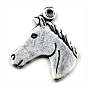 May include: Silver-toned metal horse head charm with a loop for attaching to a necklace or bracelet.