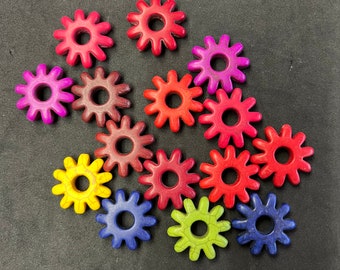 Spur Rowel Cogwheel Beads, 28mm Carved Magnesite Stone, Mix strand of Purple, Red, Yellow, Blue, Green & Burgundy, 14 pieces approx per str