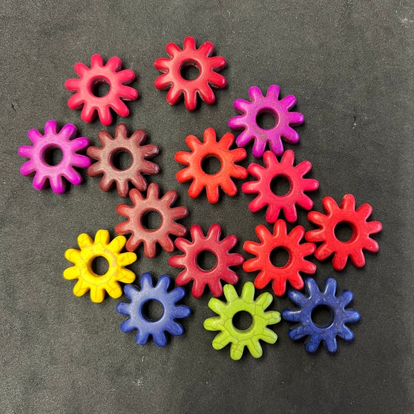 Spur Rowel Cogwheel Beads, 28mm Carved Magnesite Stone, Mix strand of Purple, Red, Yellow, Blue, Green & Burgundy, 14 pieces approx per str