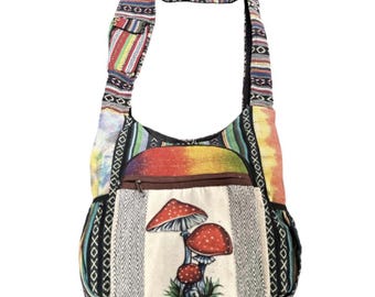Cotton Hemp Cherry Mushroom Zip and Side Pocket Bag, each