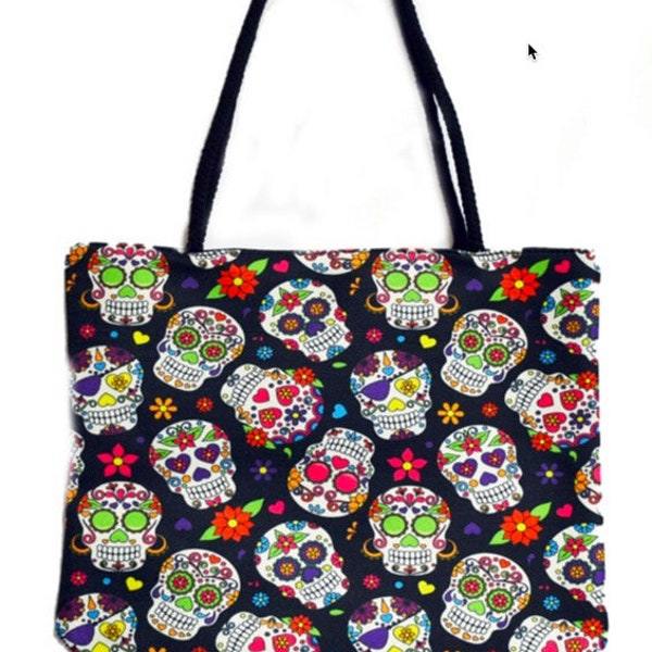 Sugar Skull Jute Tote Bag, printed, rope handles, each