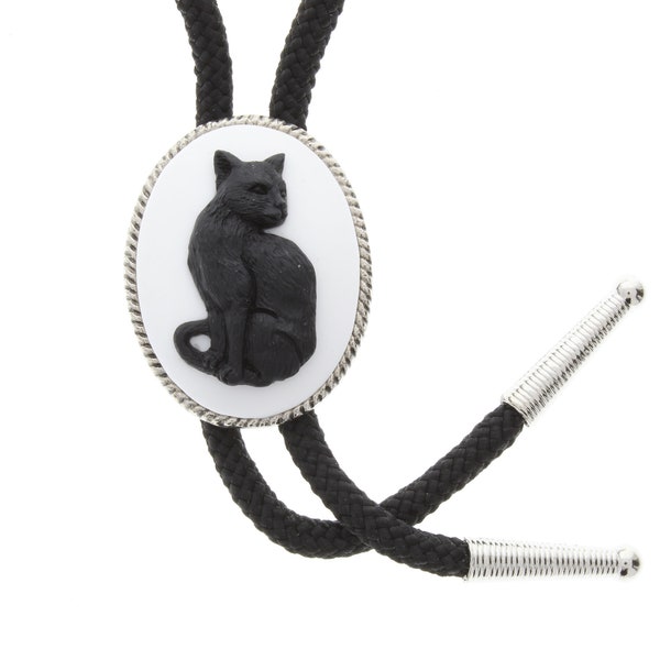 Black Cat Cameo Cat Bolo Tie with matching tips, antique silver, 36" black or jute cord,   HandMade in USA, Each