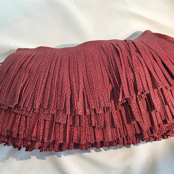 6" Red embossed Leather Fringe for embellishment of purses, jackets or other accessories, Sold by the foot (30 cm)
