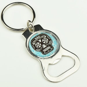 Sugar Skull Custom Keychain and bottle opener, turquoise and black, each