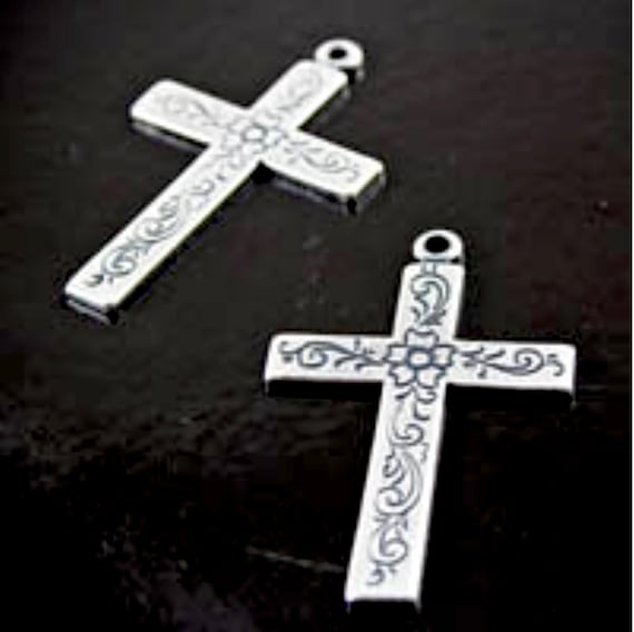 34mm Vintage Cross Charm, Classic Silver, Made in USA, Pack of 3
