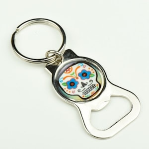 Day of the Dead Sugar Skull, Custom Keychain and bottle opener, each