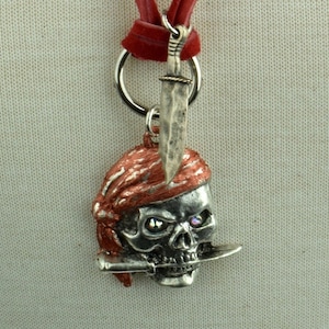 Pirate Skull Pendant Necklace with Knife, classic silver on 24&quot; red sueded leather, Made in USA, each