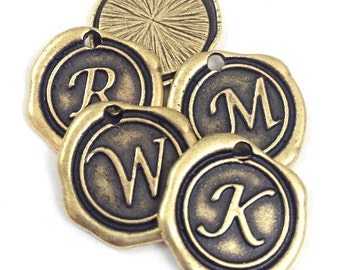 18mm Wax Seal Charms, Alphabet Initial, Vintage Gold, pack of 6