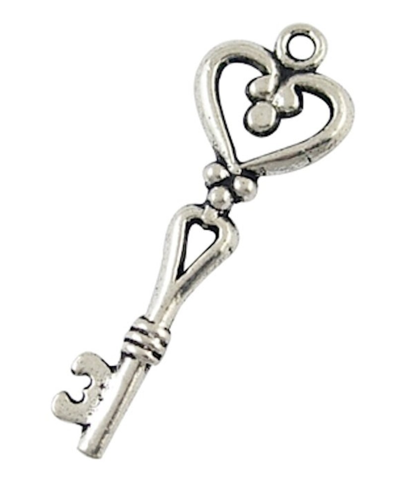 thumbnail image 2 of 10 Large Antique Silver Key Charms – 2-3/8" Long, Brass Metal Pendants 2 of 6