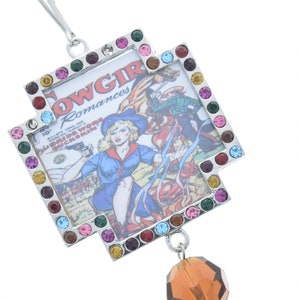 Vintage Campfire Cowgirl Art Crystal-hanger, multi, 48 mm, zilveren lijst, verpakking van 3