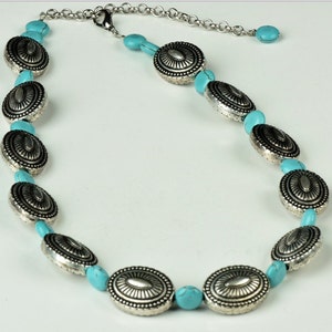 Southwest Concho Bead Necklace with Faux Turquoise, Antique Silver or Antique Gold, handmade, 18 inches, each