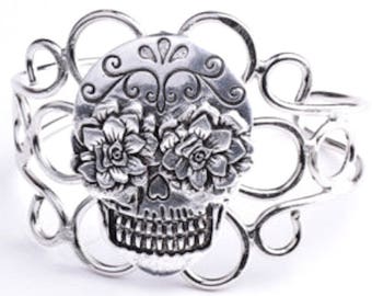 Sugar Skull Wire Cuff Bracelet, adjustable, Classic Silver, handmade, Each