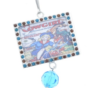 Vintage Campfire Cowgirl-kunsthanger, topaas en blauw kristal op zilveren lijst, 48 mm, verpakking van 3 (G2203 E .)