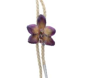 Preserved Purple and Taupe Natural Orchid Bolo Tie, 36" length, Choose Black or natural jute cord, made in USA, 1 each