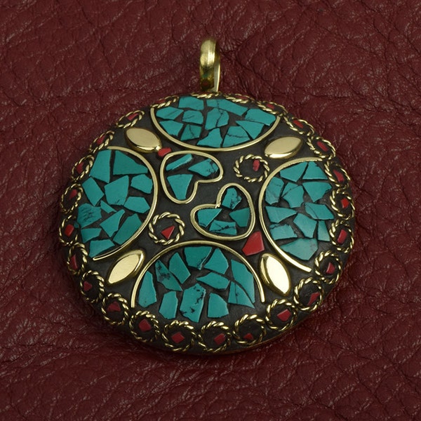 Turquoise Mosaic pendant 49mm set in a brass setting, each