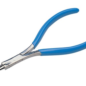 May include: Blue handled pliers with a silver metal body and a bent tip. The pliers are designed for bending and shaping wire.