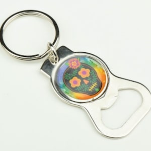 Day of the Dead Sugar Skull Silver Keychain and Bottle Opener, Made in USA, each