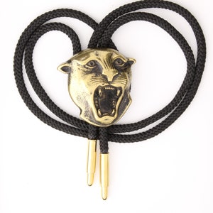 Panther Wildcat Bolo Tie Lariat, antique gold on black or red 36&quot; cord, made in USA, Each