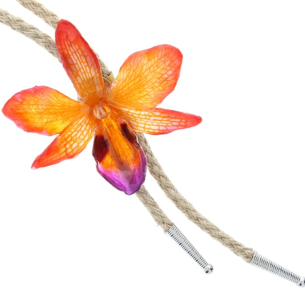 Preserved Orange Yellow Orchid Bolo Tie, 36" cord, Choose Black or natural jute cord, made in USA, 1 each