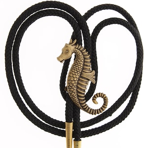 Sea horse bolo tie in antique gold, 36&quot; cord in black, red, turquoise or olive green, Made in USA, Each