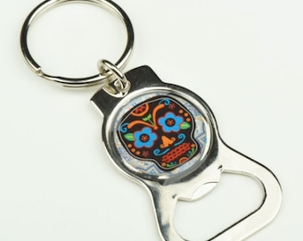 Day of the Dead sugar Skull, Custom Keychain and bottle opener, silver, each