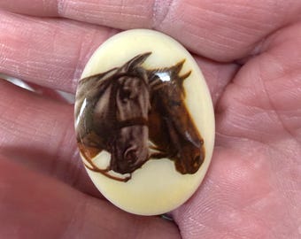 Limoges Pferde Cameo Cabochon, 40 x 30 mm, vintage Lithographie, 2er Pack
