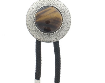 Corbata de bolo con cordón de 36", piedra preciosa de ojo de tigre, piedra de 25 mm