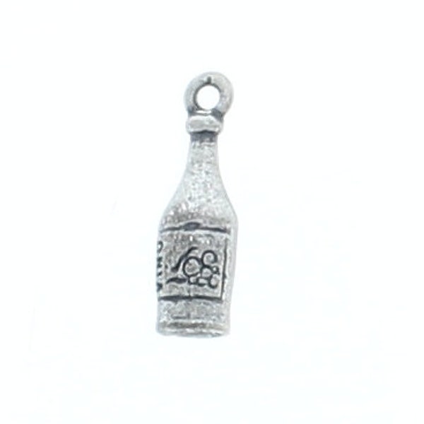 19mm Wine Bottle Charm, antique silver or gold, cast pewter, Made in USA, Pack of 6